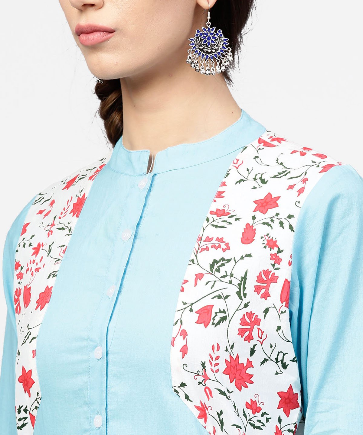 Women's Blue 3/4Th Sleeve Cotton Floor Length Kurta