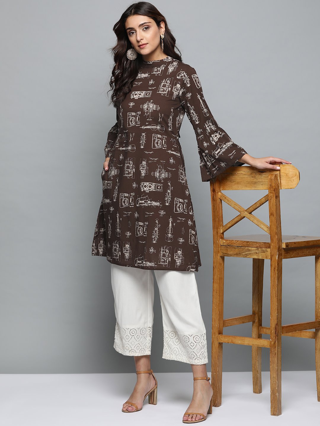 Women's Brown Printed A-Line Dress With Roll Collar & Flared Sleeves