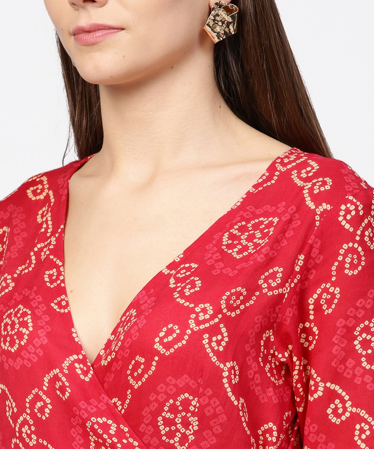 Women's Red Printed 3/4Th Sleeve Cotton Maxi Dress