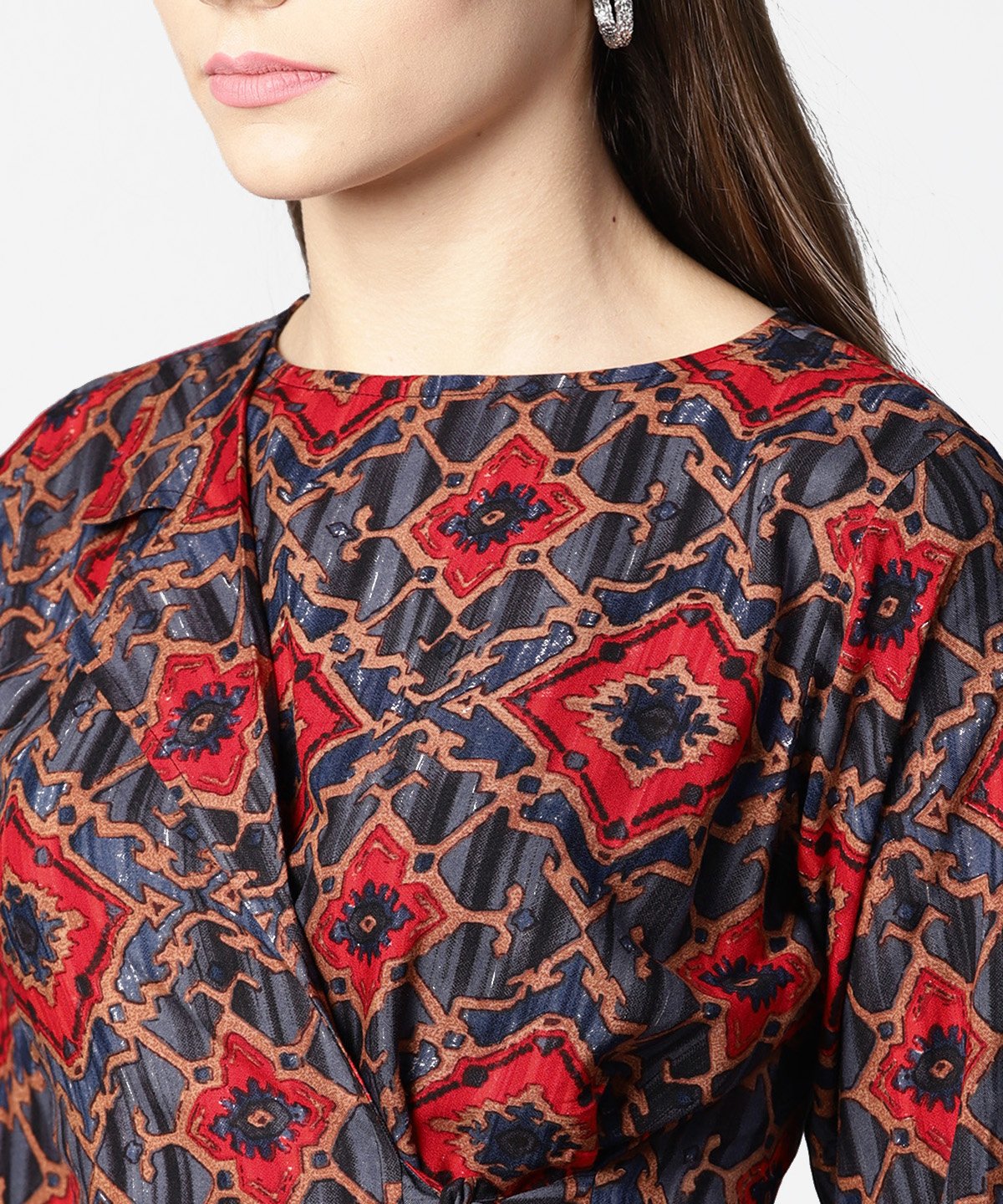Women's Blue & Red Printed Full Sleeve Tops