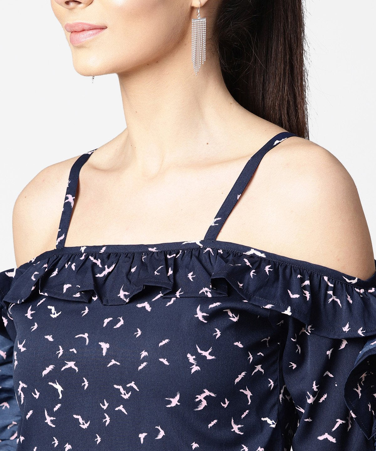 Women's Cold Shoulder Navy Blue Printed Draw String Top With Ruffled Neck & Sleeve