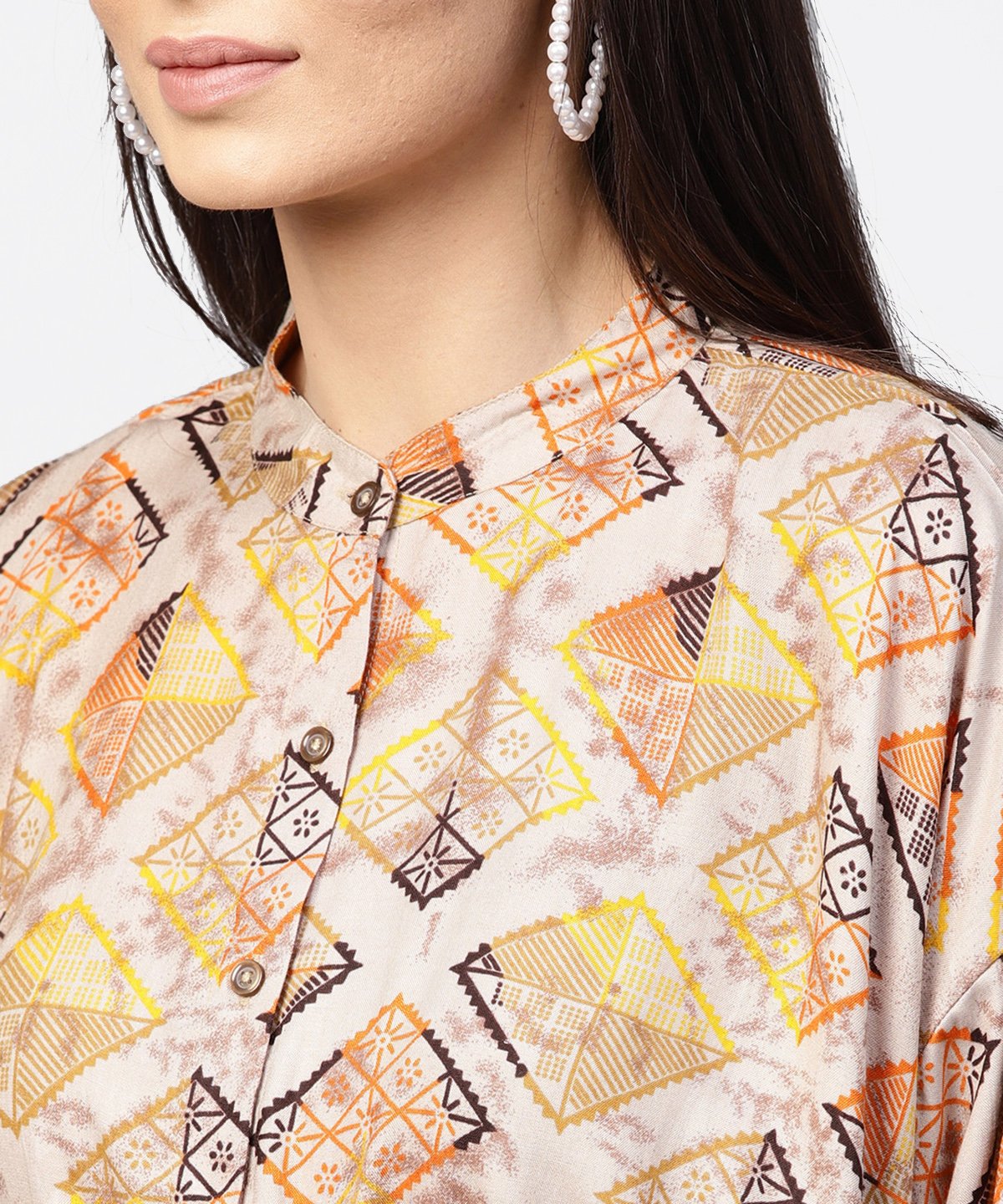 Women's Beige Printed Short Flared Sleeve Rayon Tunic