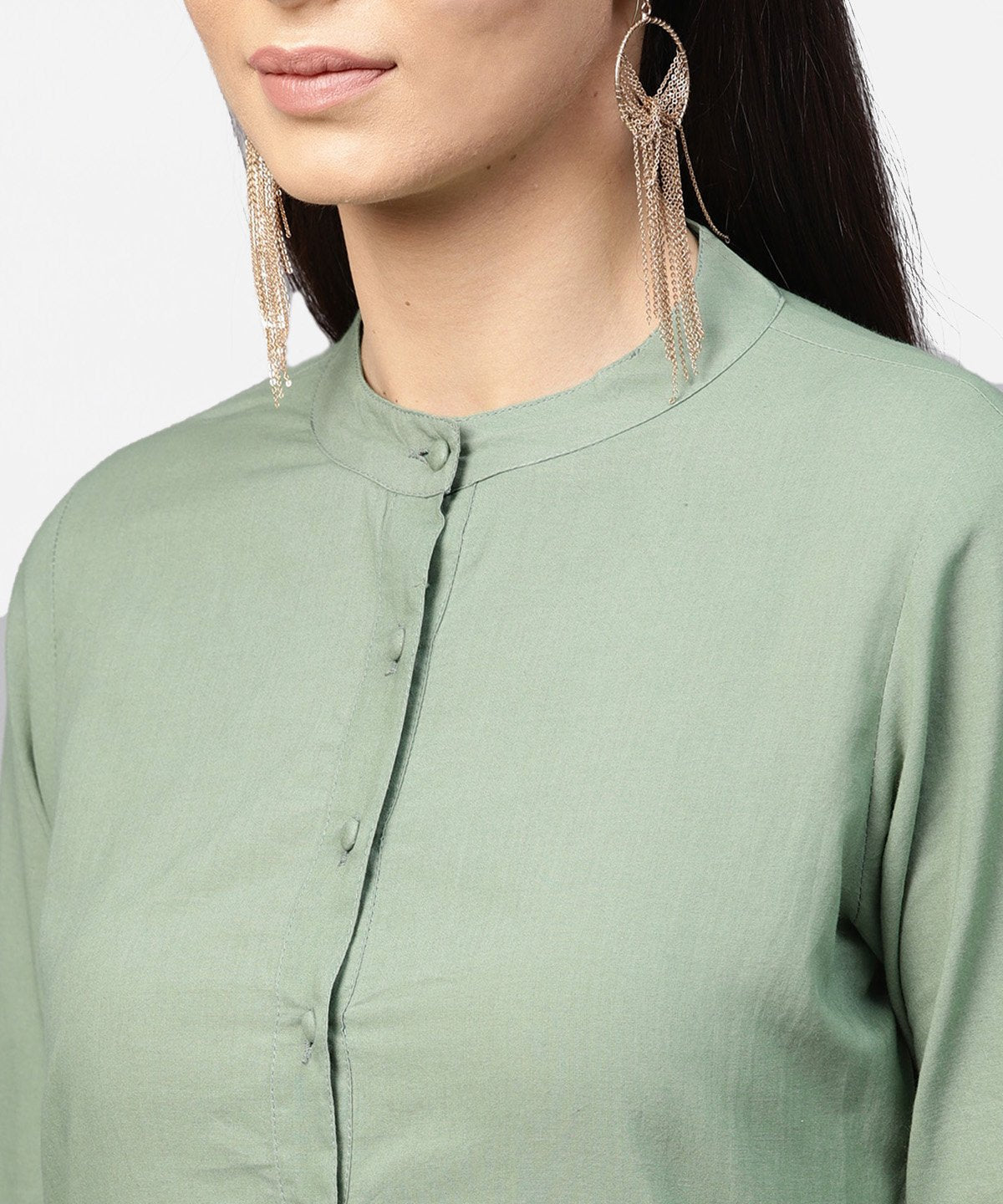 Women's Dark Green Solid 3/4Th Sleeve Cotton A-Line Kurta