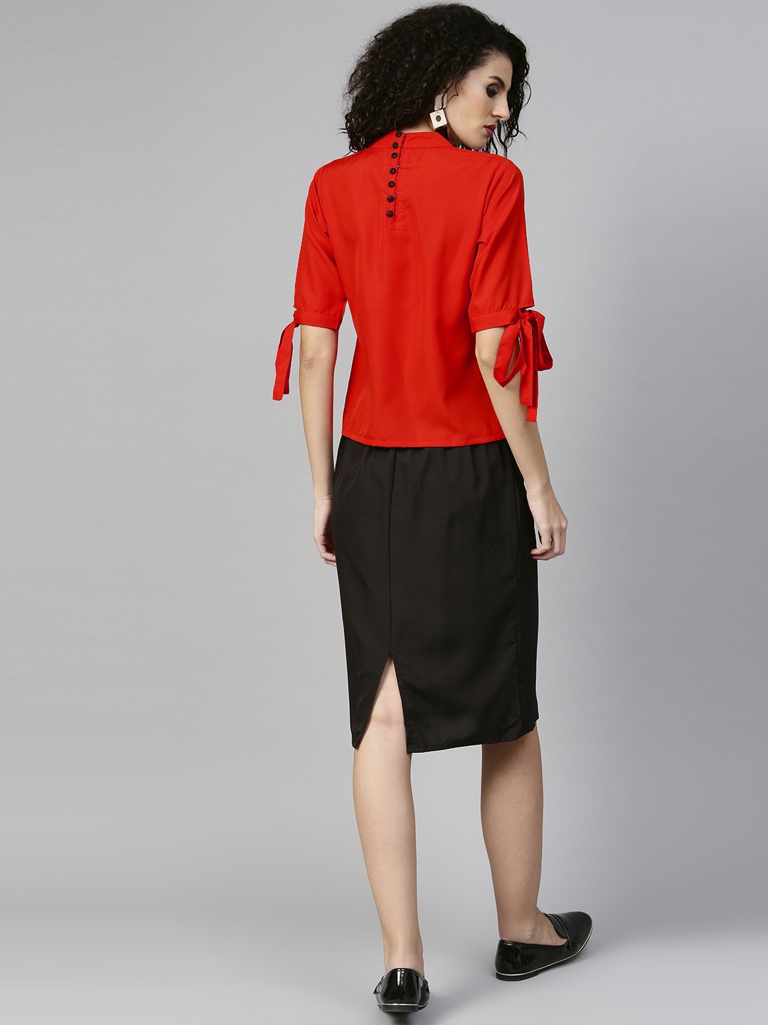 Women's Orange & Black Solid Top With Skirt