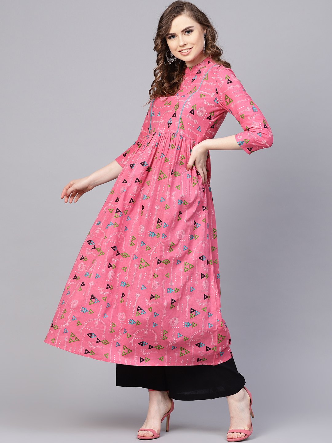 Women's Pink Tribal Printed Kurta With Roll Collar & 3/4 Sleeves
