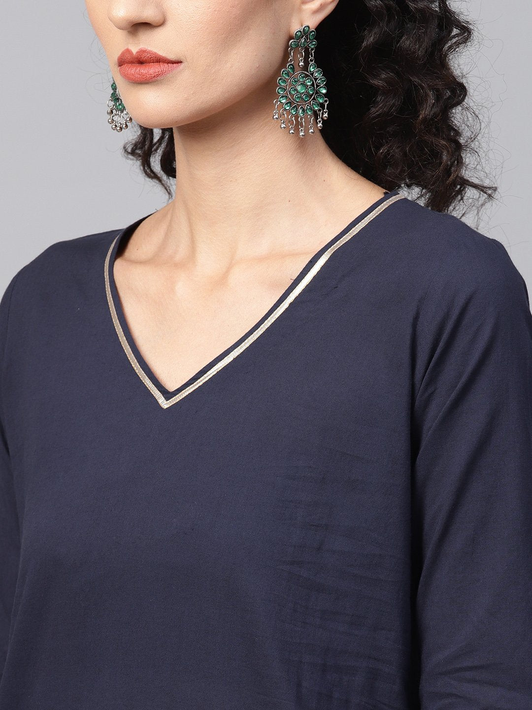 Women's Navy Blue Kurta Set With Printed Palazzo & Contrasting Green Dupatta Emblished With Gota