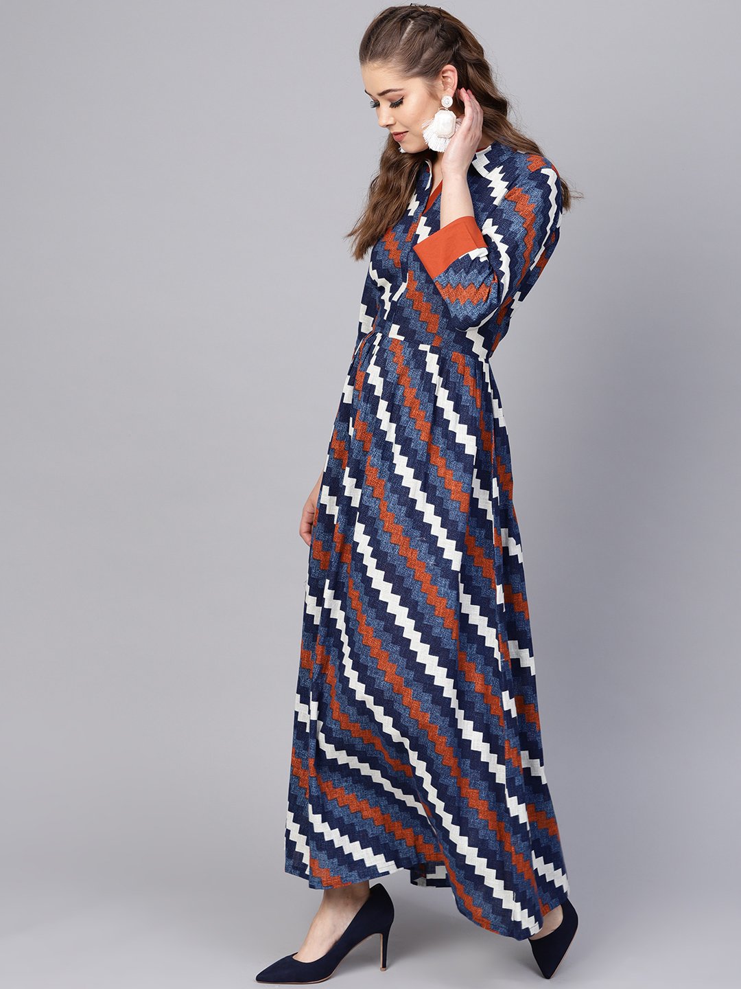 Women's Indigo Blue Geometric Maxi Dress With Shirt Collar & 3/4 Sleeves