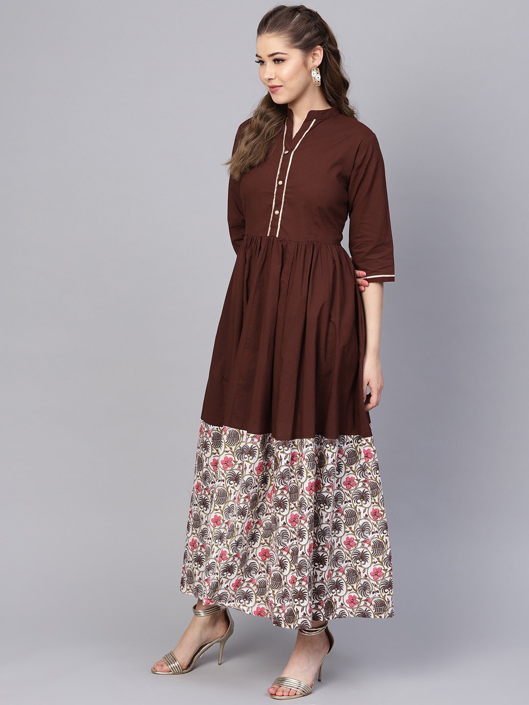 Women's Dark Brown Maxi Dress With Printed Border & Front Placket With Madarin Collar