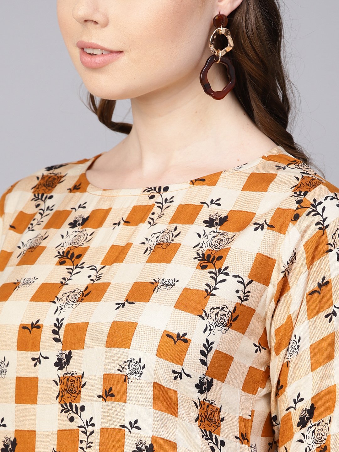 Women's Camel Brown Checked With Florals Kurta Set With Solid Palazzo