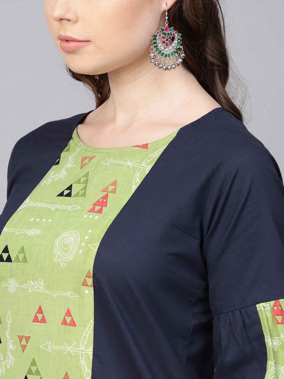 Women's Light Green Printed Set With Navy Blue Solid Kurta & Green Printed Palazzo