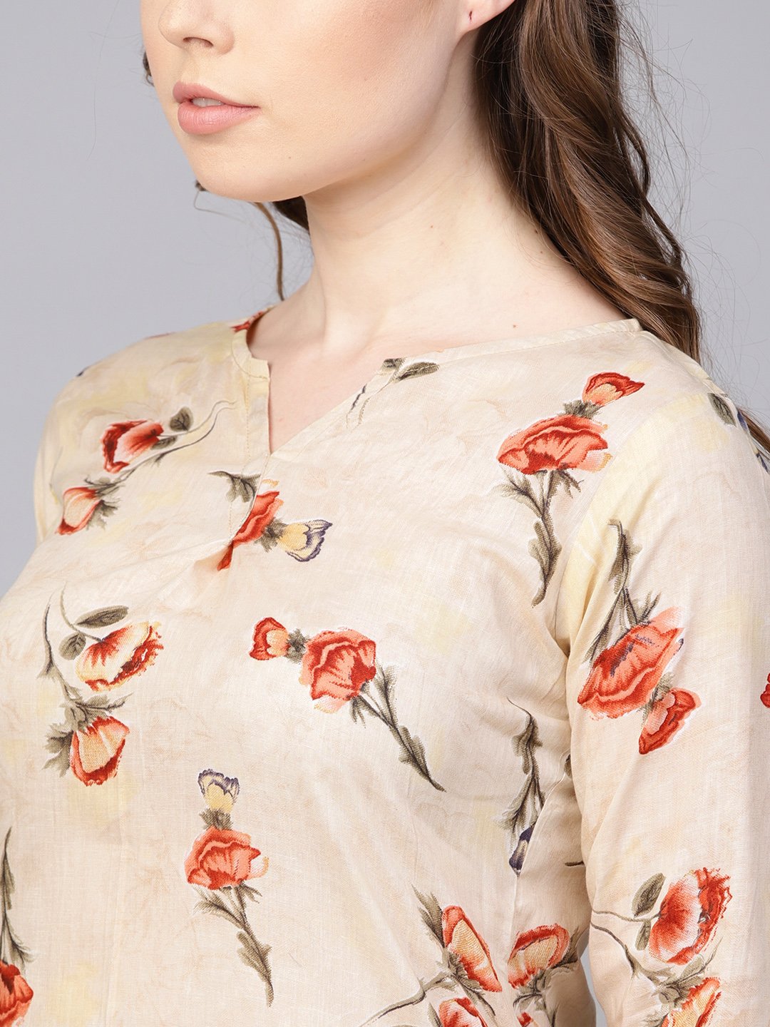 Women's Cream Printed 3/4Th Sleeve Cotton Kurta Set With Solid Pants