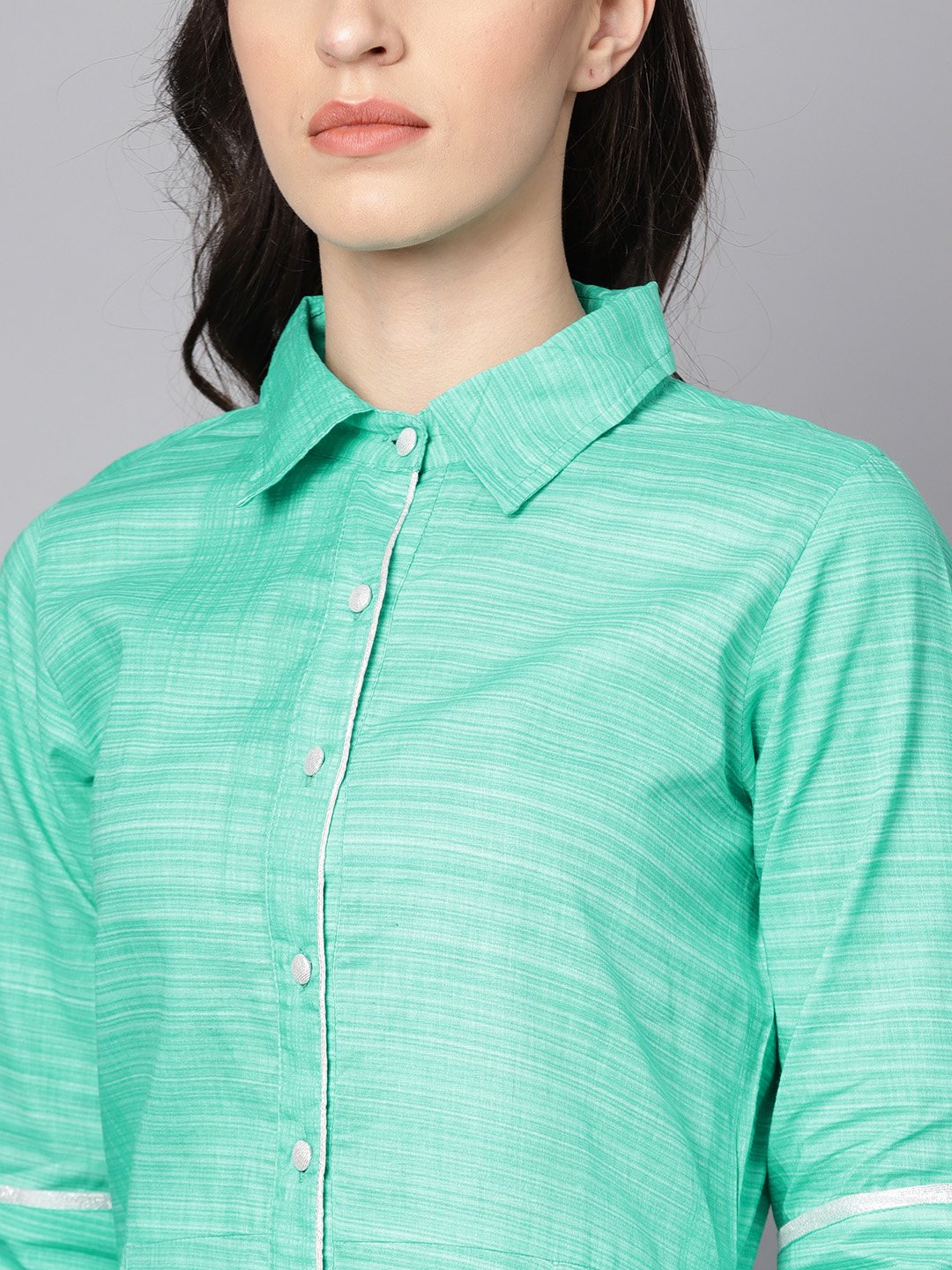 Women's Turquoise Blue A-Line Kurta With Shirt Collar & 3/4 Sleeves