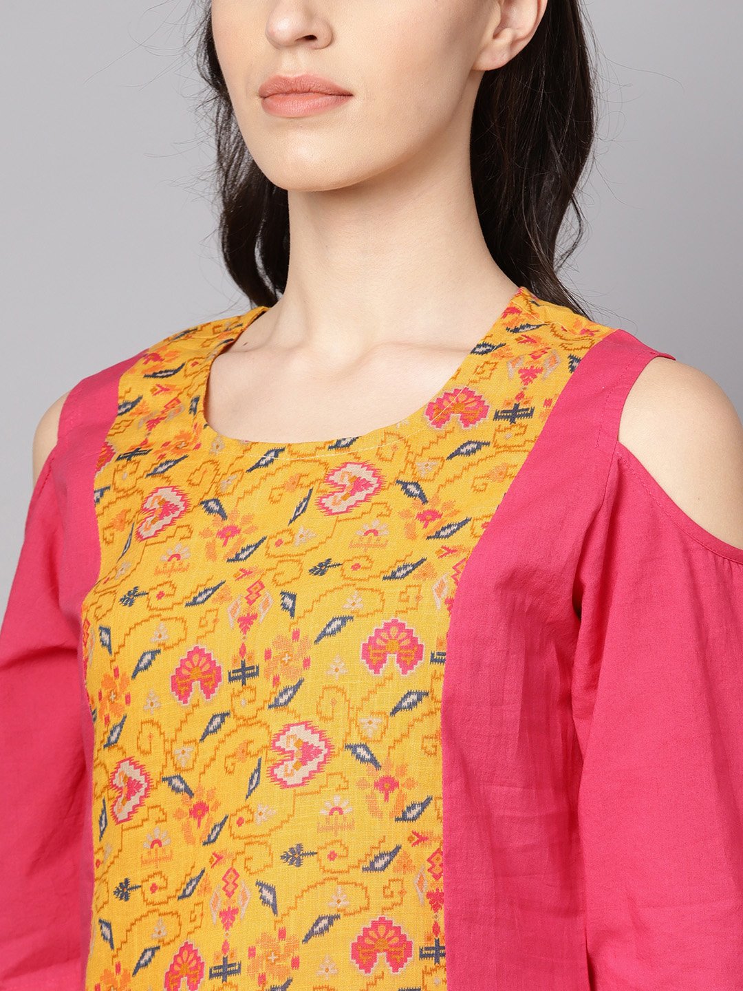 Women's Yellow Patola Printed Cold Shoulder Sleeve Cotton Kurta With Solid Flared Palazzo