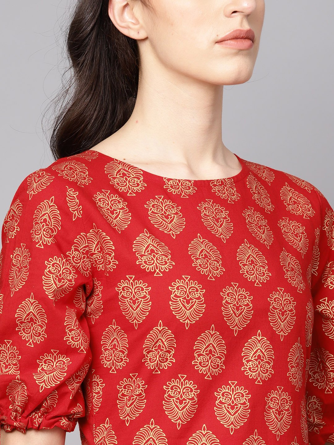 Women's Red Printed Half Sleeve Cotton Straight Kurta