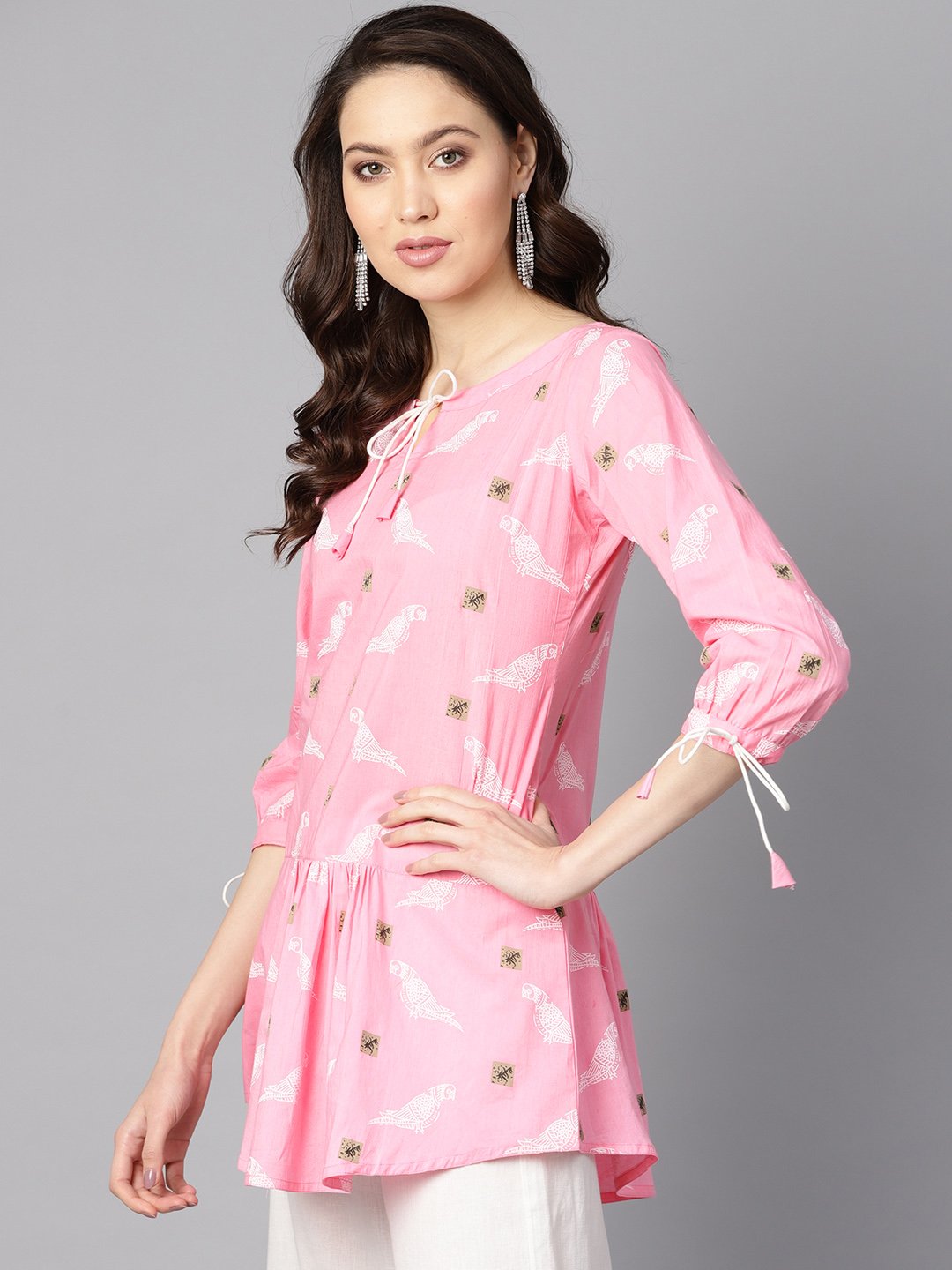 Women's Bird Print White Light Pink Tunic With Dori Detailing