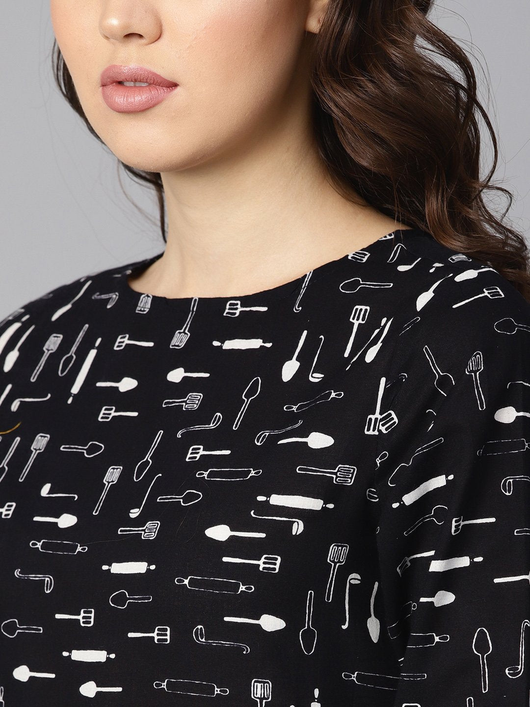 Women's Quirky Spoon Print Box Pleated Dress With Frilled Sleeves