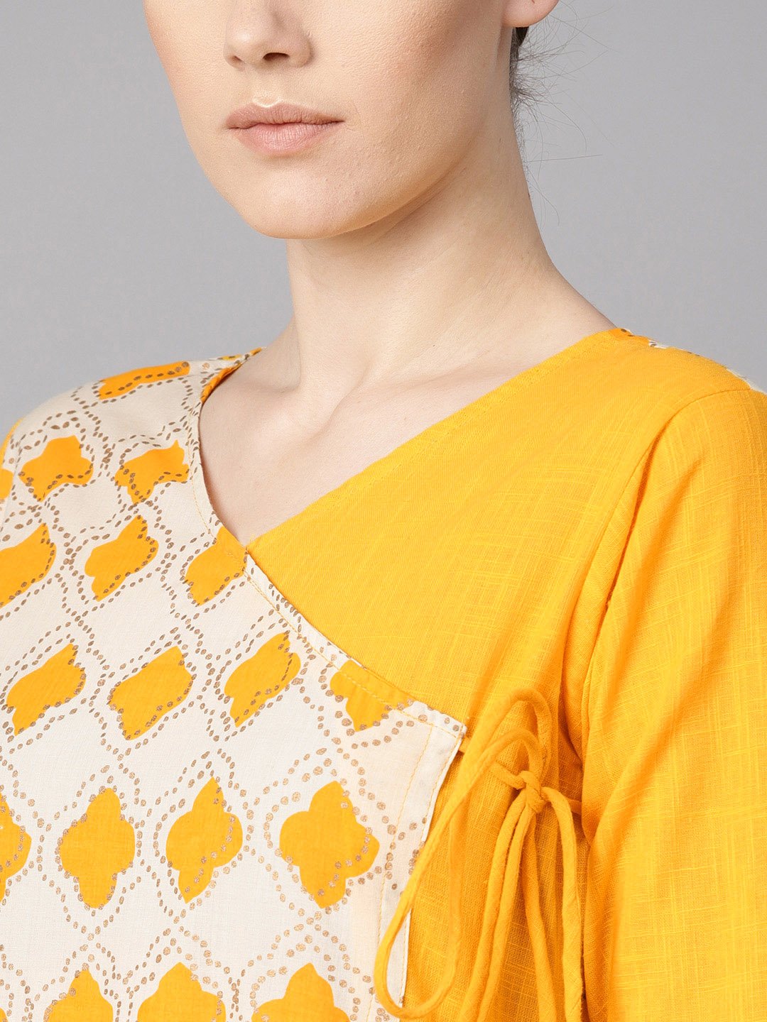 Women's Printed Yoke Angrakha Style 3/4Th Sleeve Yellow Colored Maxi.
