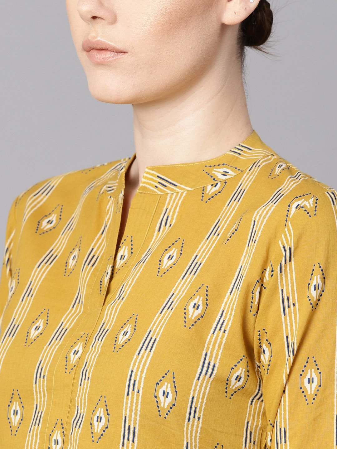 Women's Mustard Yellow Color Ikat Printed Chinese Collar Dress With Placket Opening.