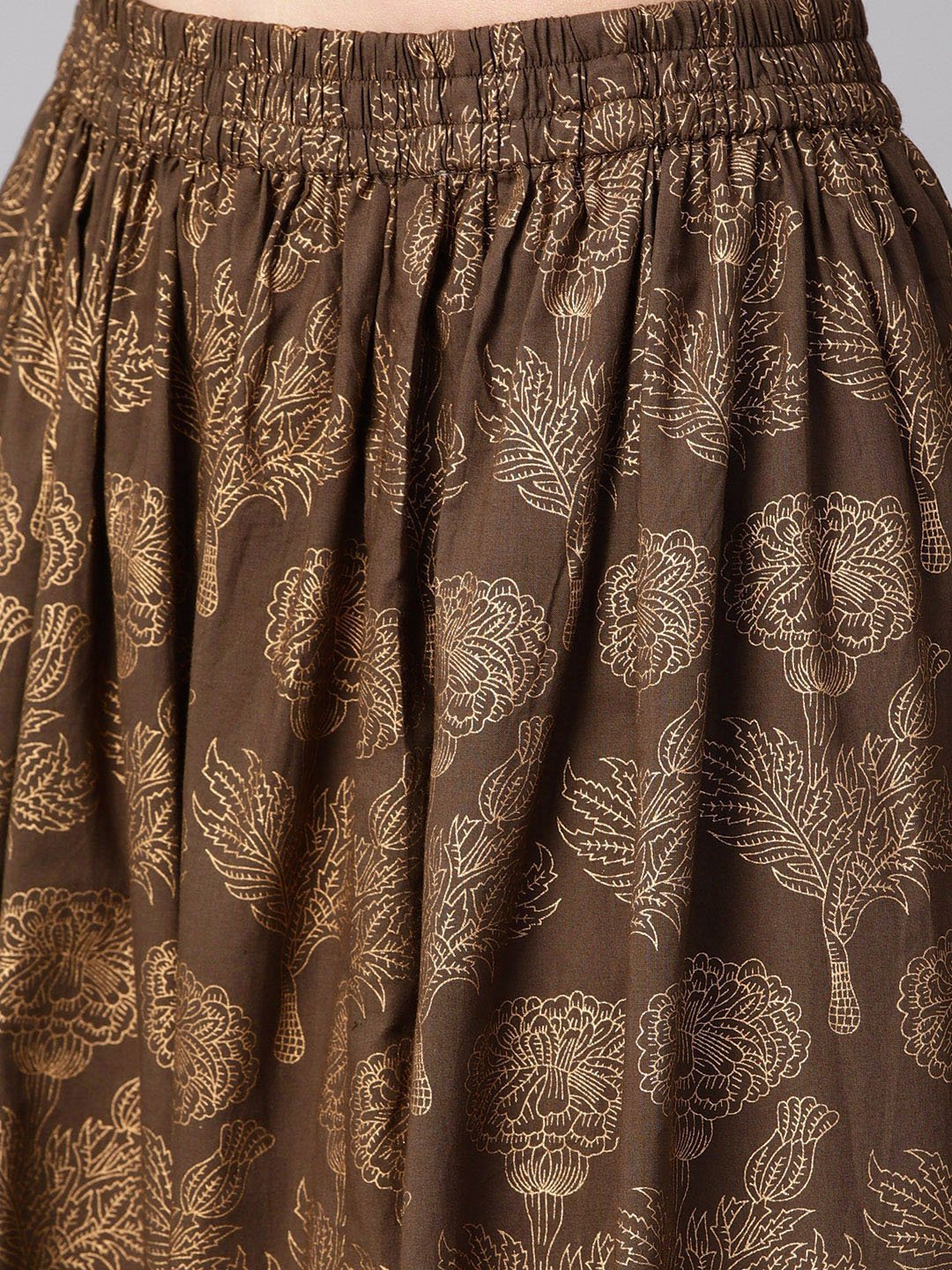 Women's Maroon High-Low Gold Printed Kurta With Brown Printed Skirt