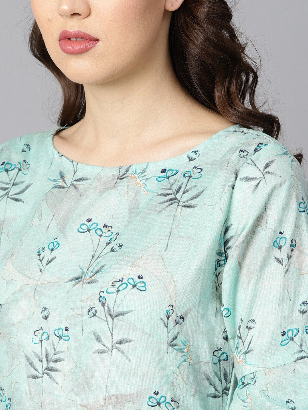 Women's Sky Blue Floral Printed Dress With Flared Sleeves