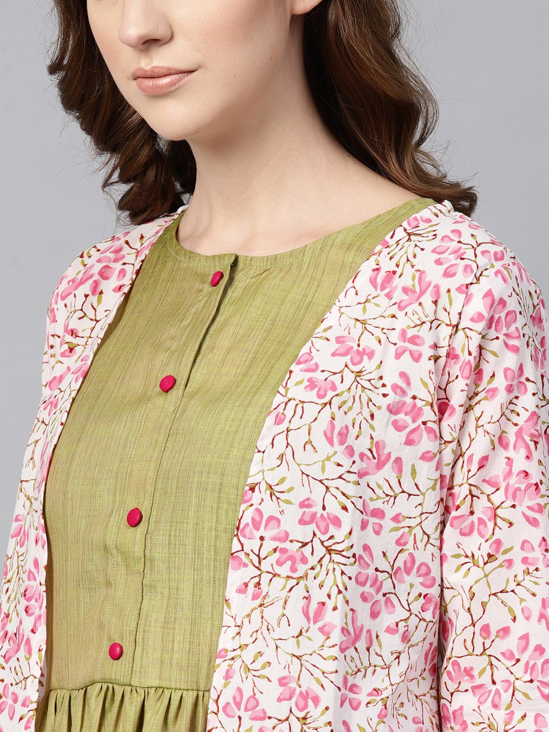 Women's Olive Green A-Line Dress With White Floral Printed Jacket