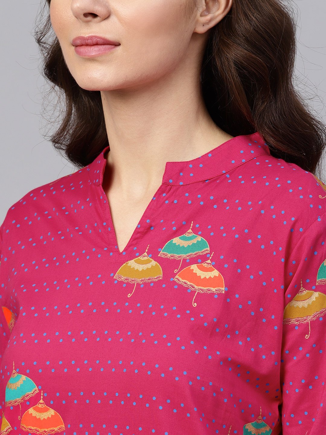 Women's Pink 3/4Th Sleeve Umbrella Printed Cotton Kurta