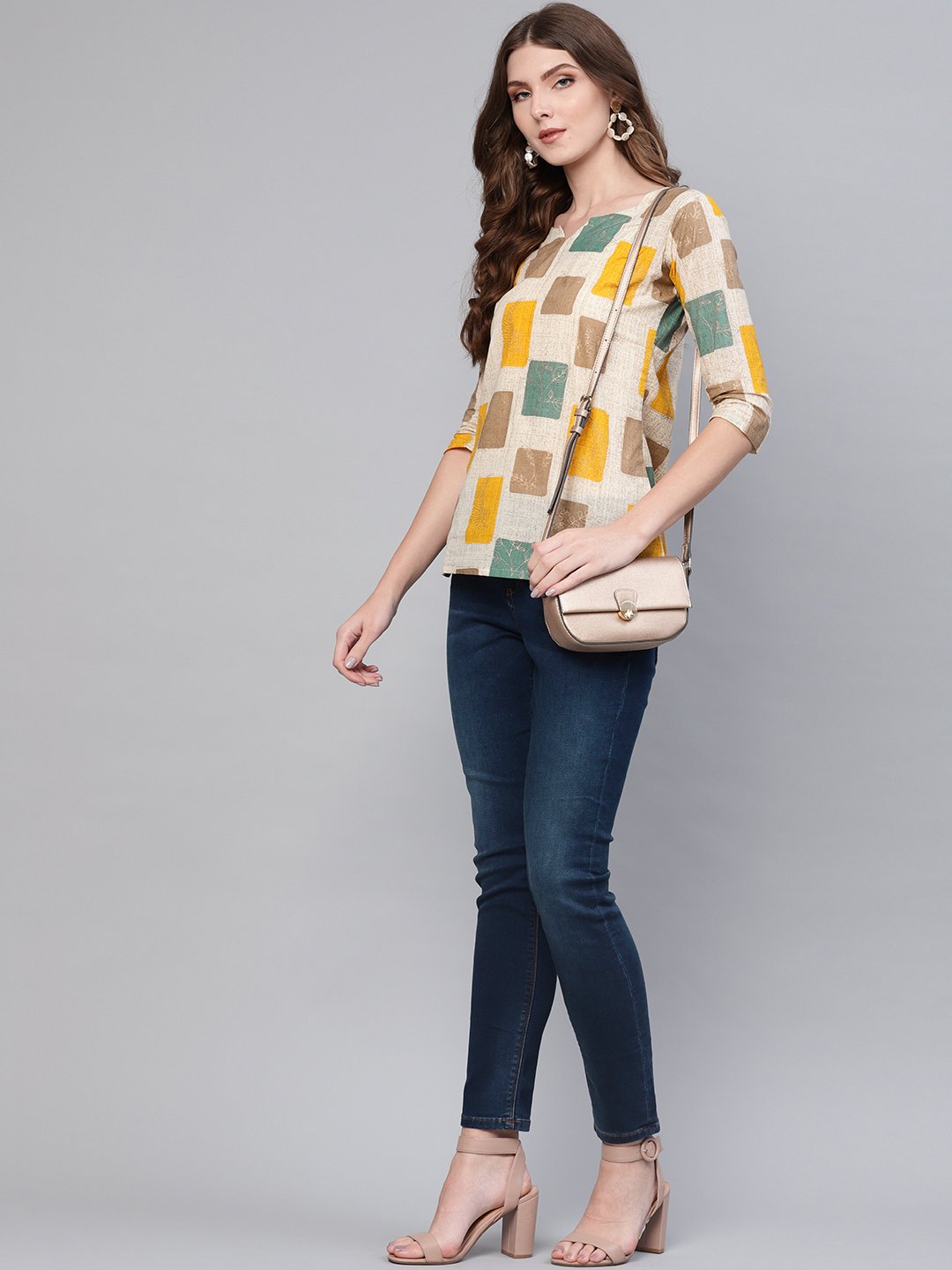 Women's Off-White & Mustard Yellow Printed Top