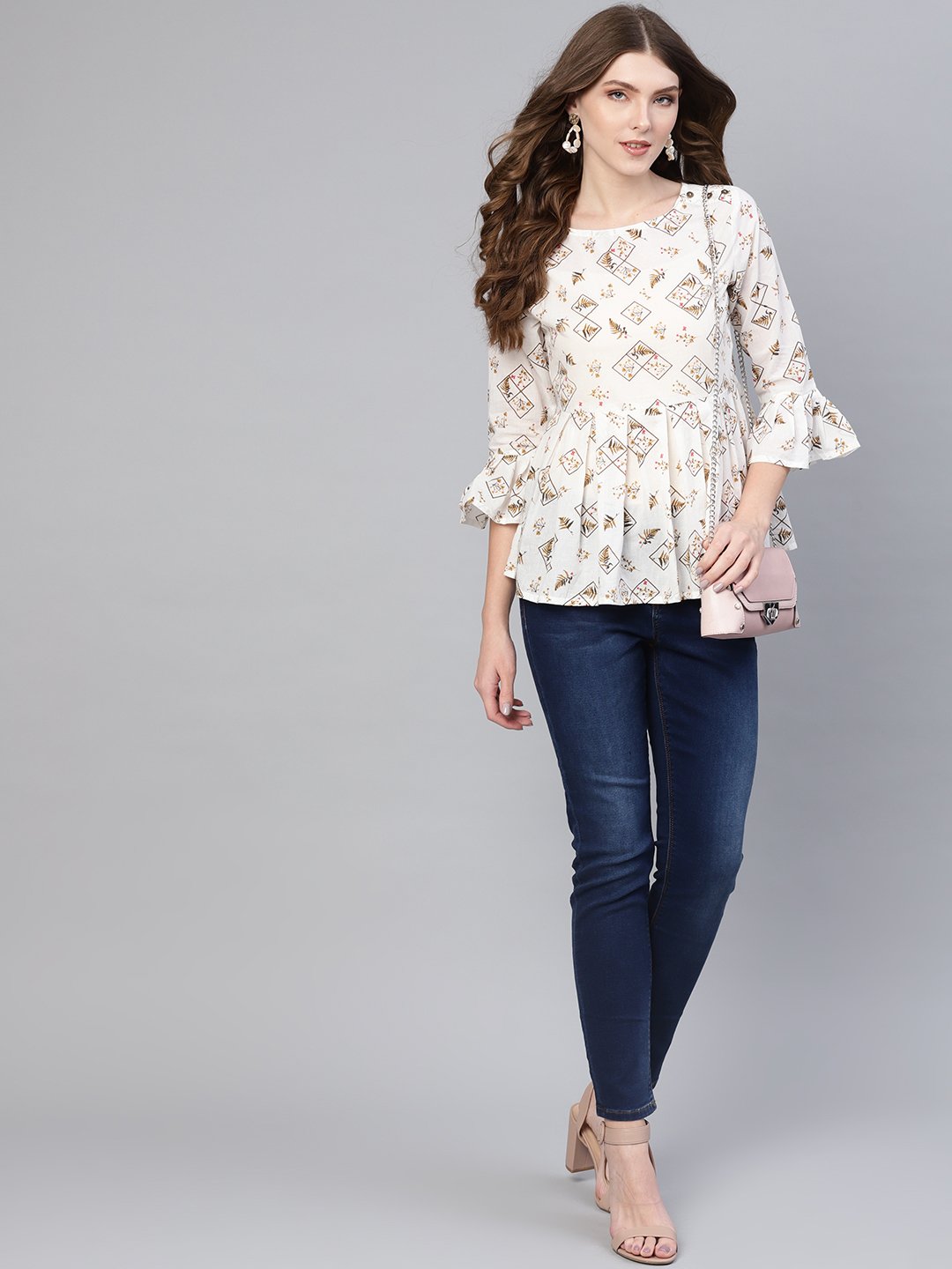 Women's White & Brown Printed A-Line Top