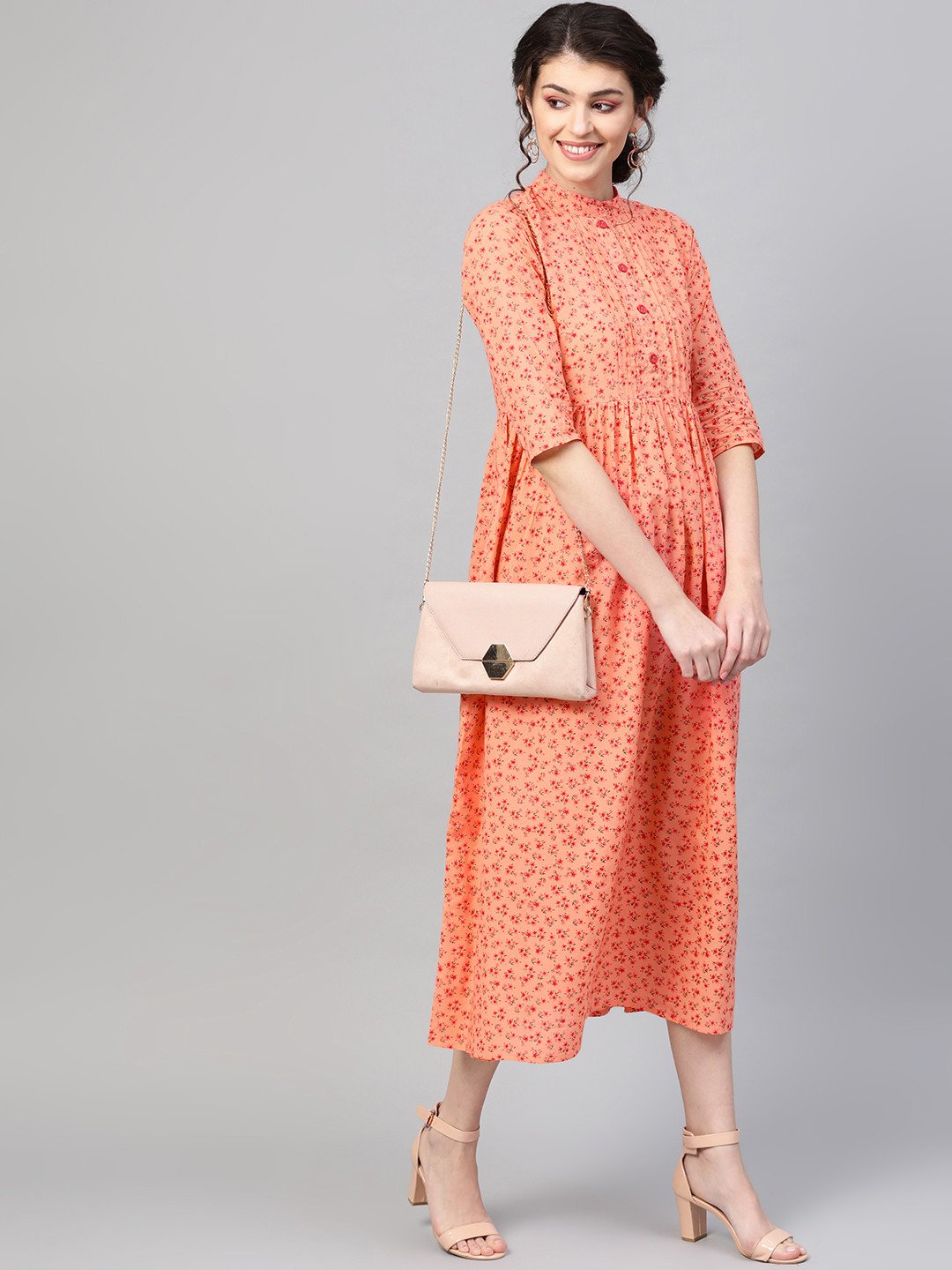 Women's Peach & Floral Printed Maxi Dress
