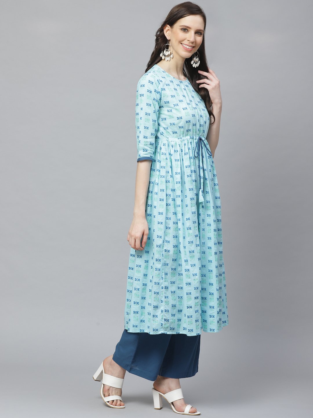 Women's A-Line Waist Tie-Up Blue Printed Kurta & Palazzo Set