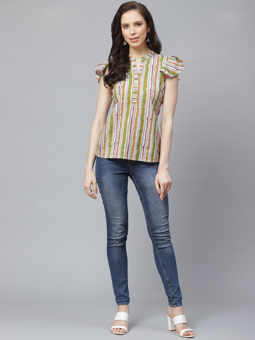 Women's Grey & Multi Regular Vertical Stripes Mandarin Collar Top