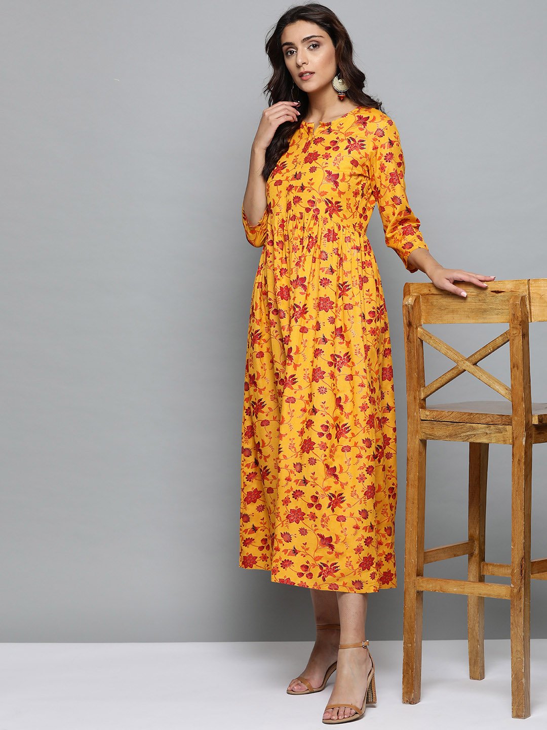 Women's Mustard Yellow Floral Printed Round Neck A-Line Dress