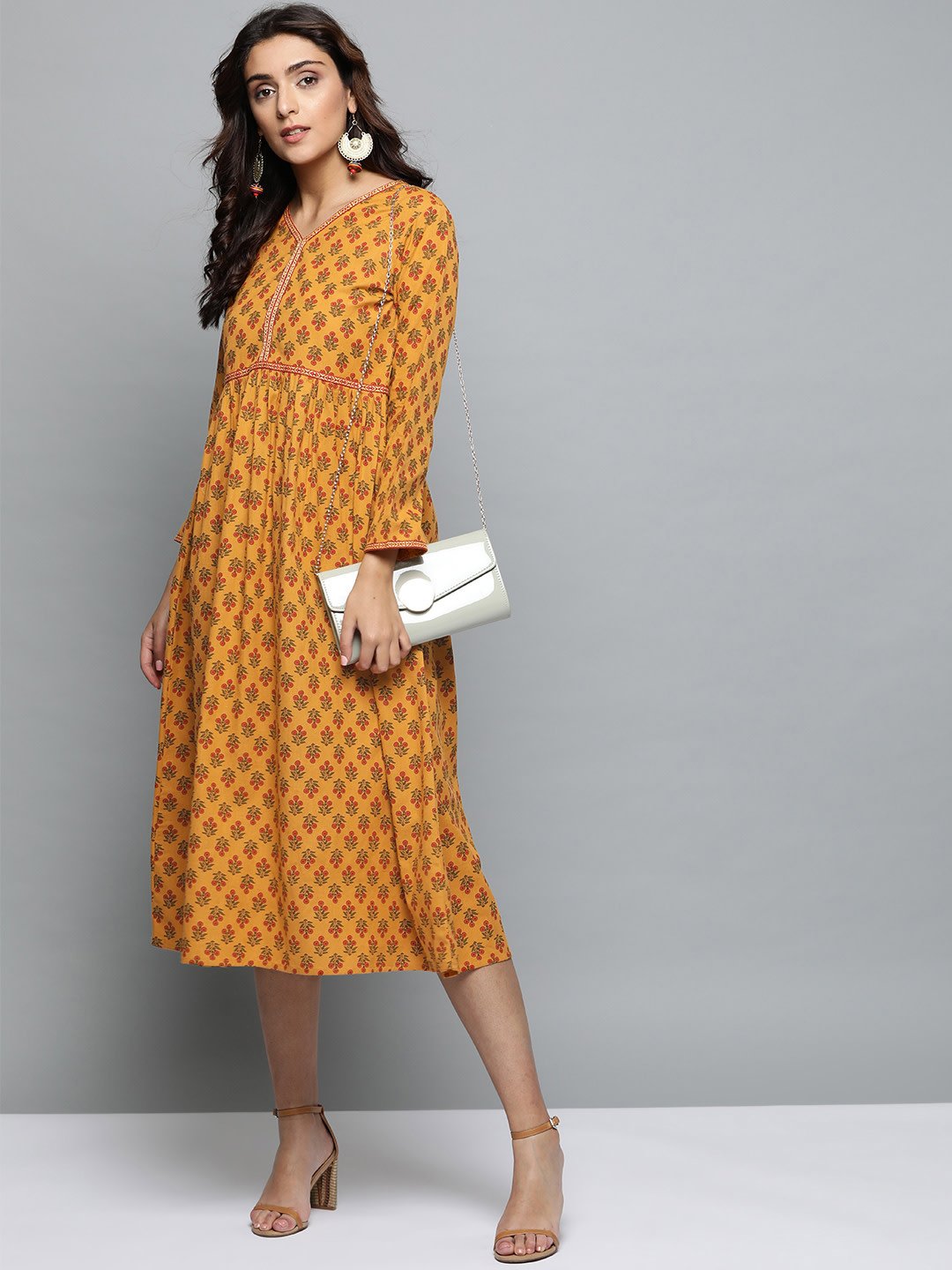 Women's Mustard Yellow Floral Printed V-Neck A-Line Dress