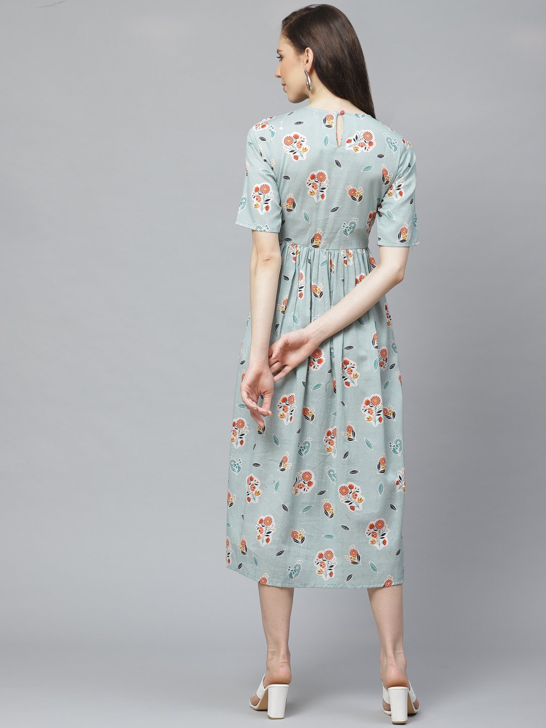Women's Turquoise Blue Floral Printed Round Neck Cotton A-Line Dress