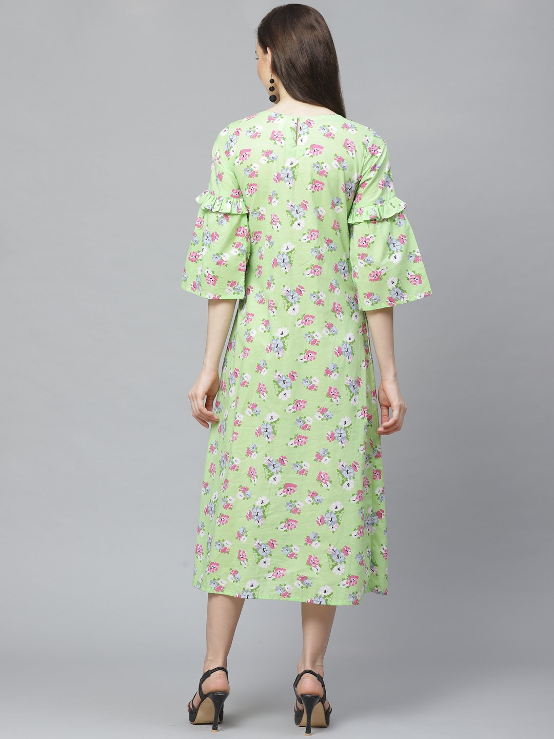 Women's Green Floral Printed Round Neck Cotton A-Line Dress