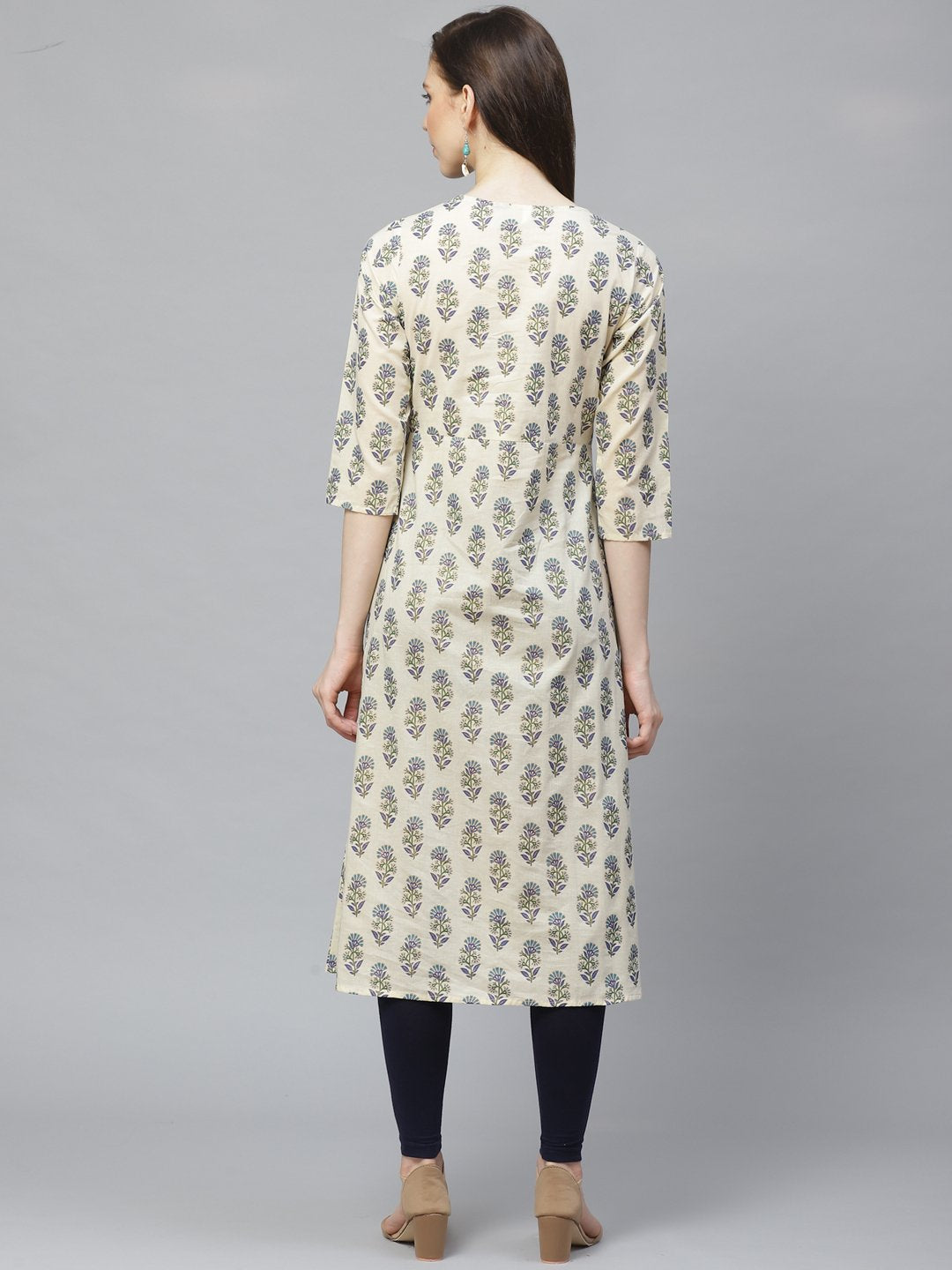 Women's Beige Calf Length Three-Quarter Sleeves A-Line Floral Printed Cotton Kurta