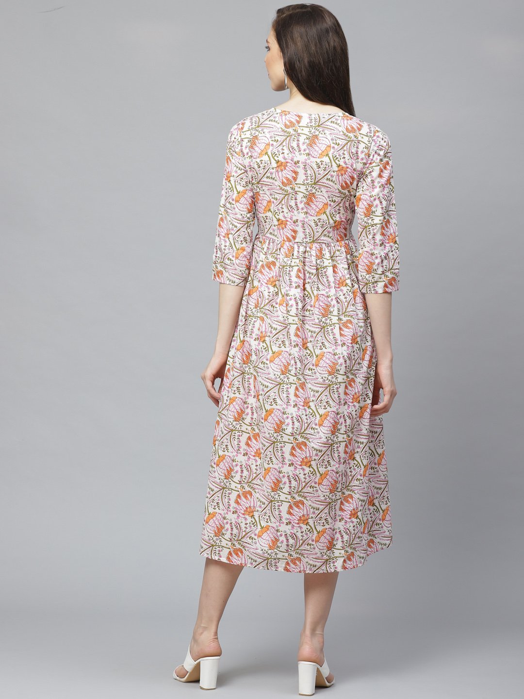 Women's White Floral Printed Keyhole Neck Cotton A-Line Dress