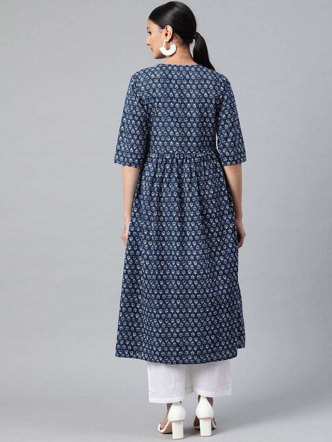 Women's Indigo Blue Three-Quarter Sleeves Flared Kurta With Palazzo