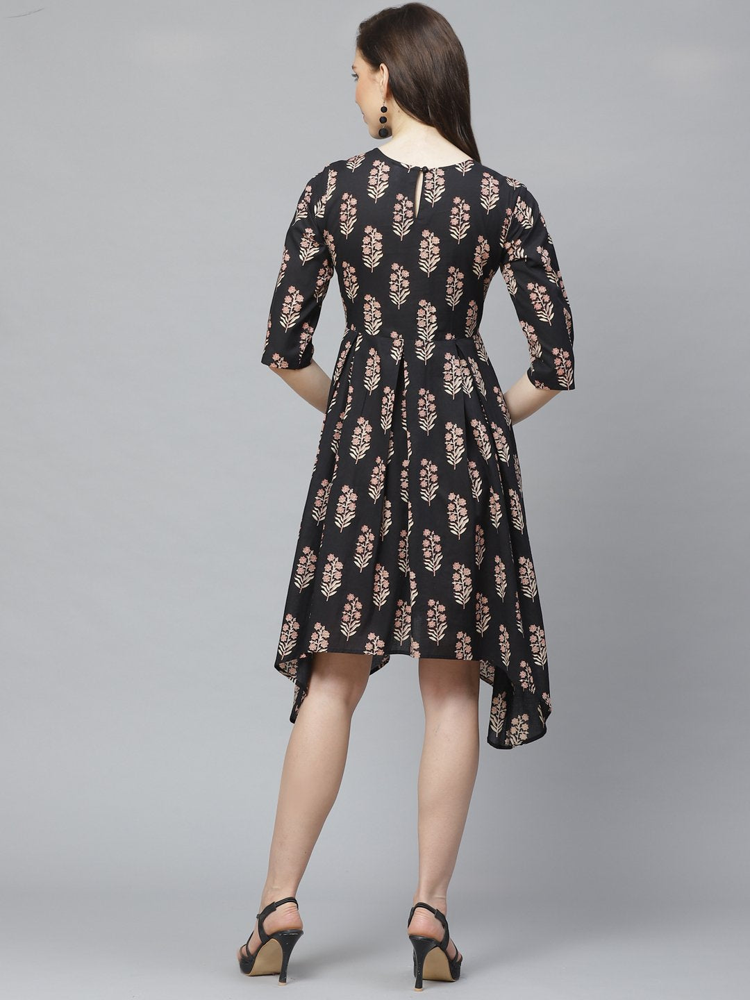 Women's Black Floral Printed Round Neck Cotton Fit And Flare Dress