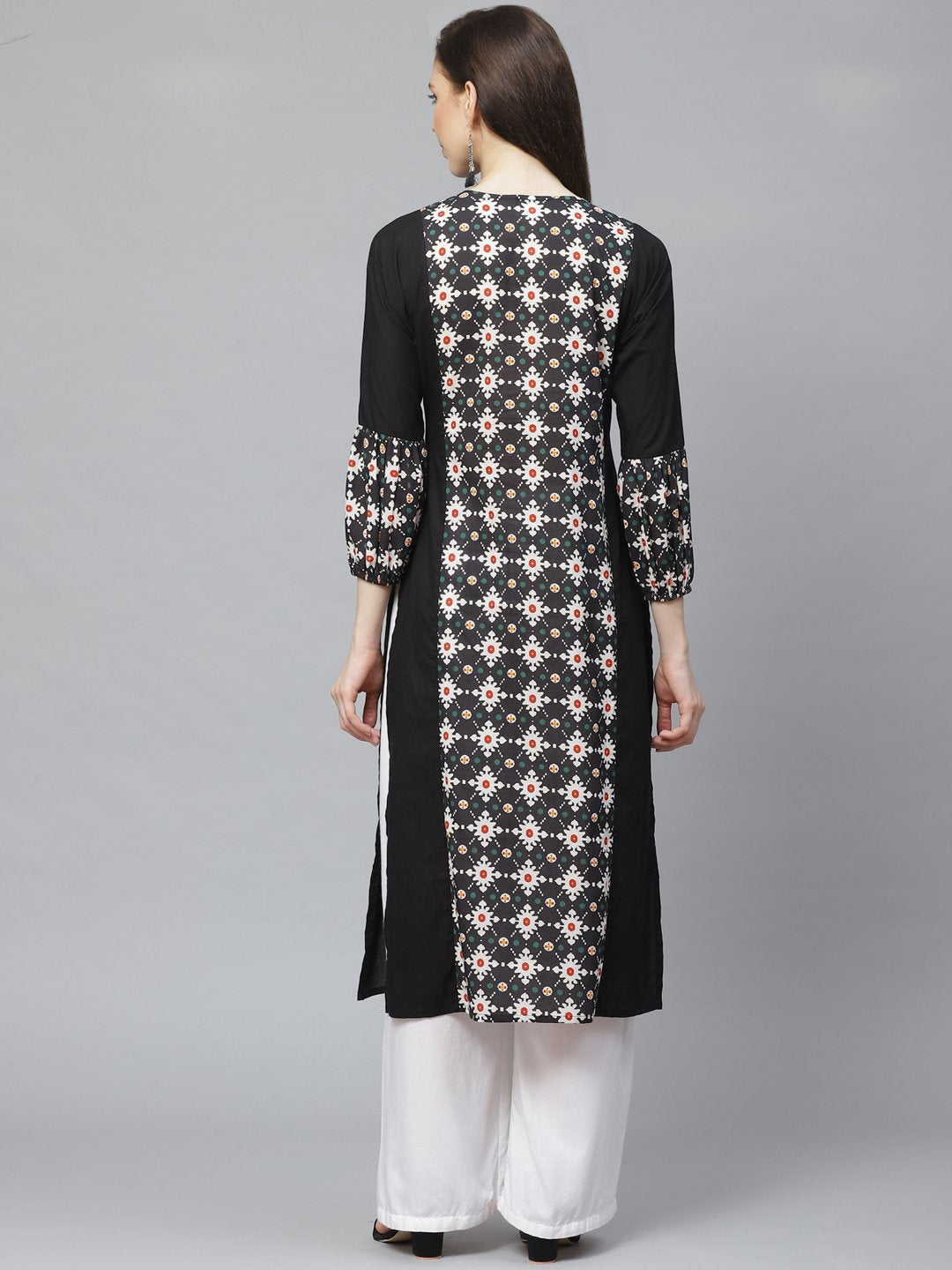 Women's Black Calf Length Long Sleeves A-Line Geometric Printed Cotton Kurta