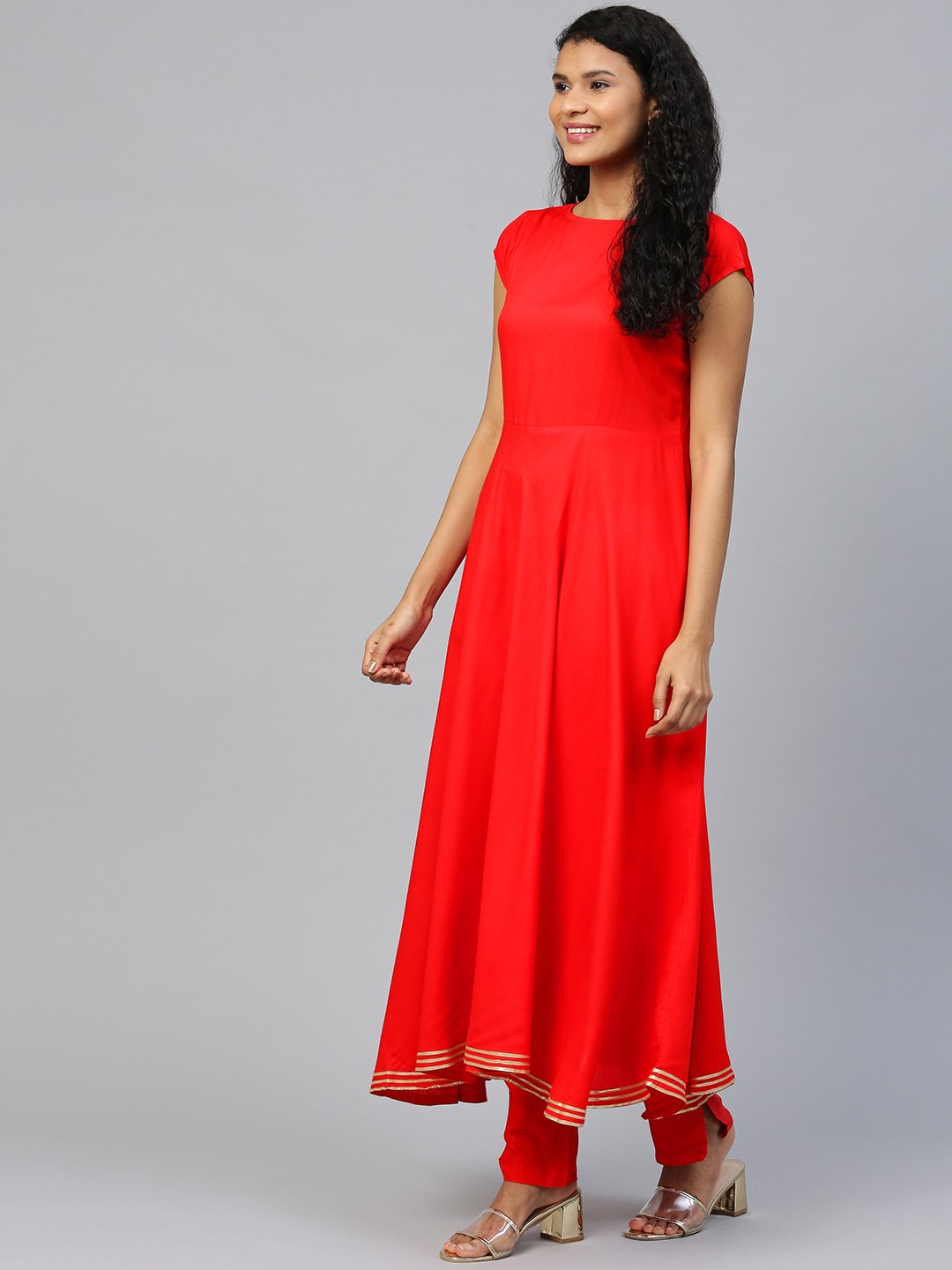 Women's Red Short Sleeves Flared Kurta Trouser Dupatta Set