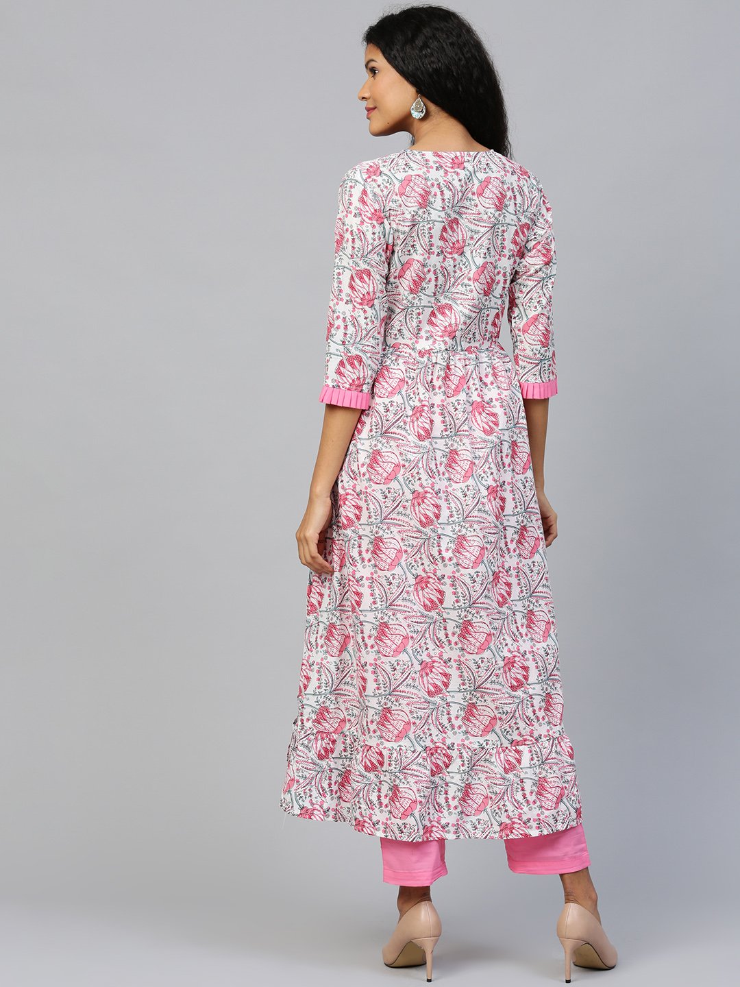 Women's White Three-Quarter Sleeves Flared Kurta And Trouser Set