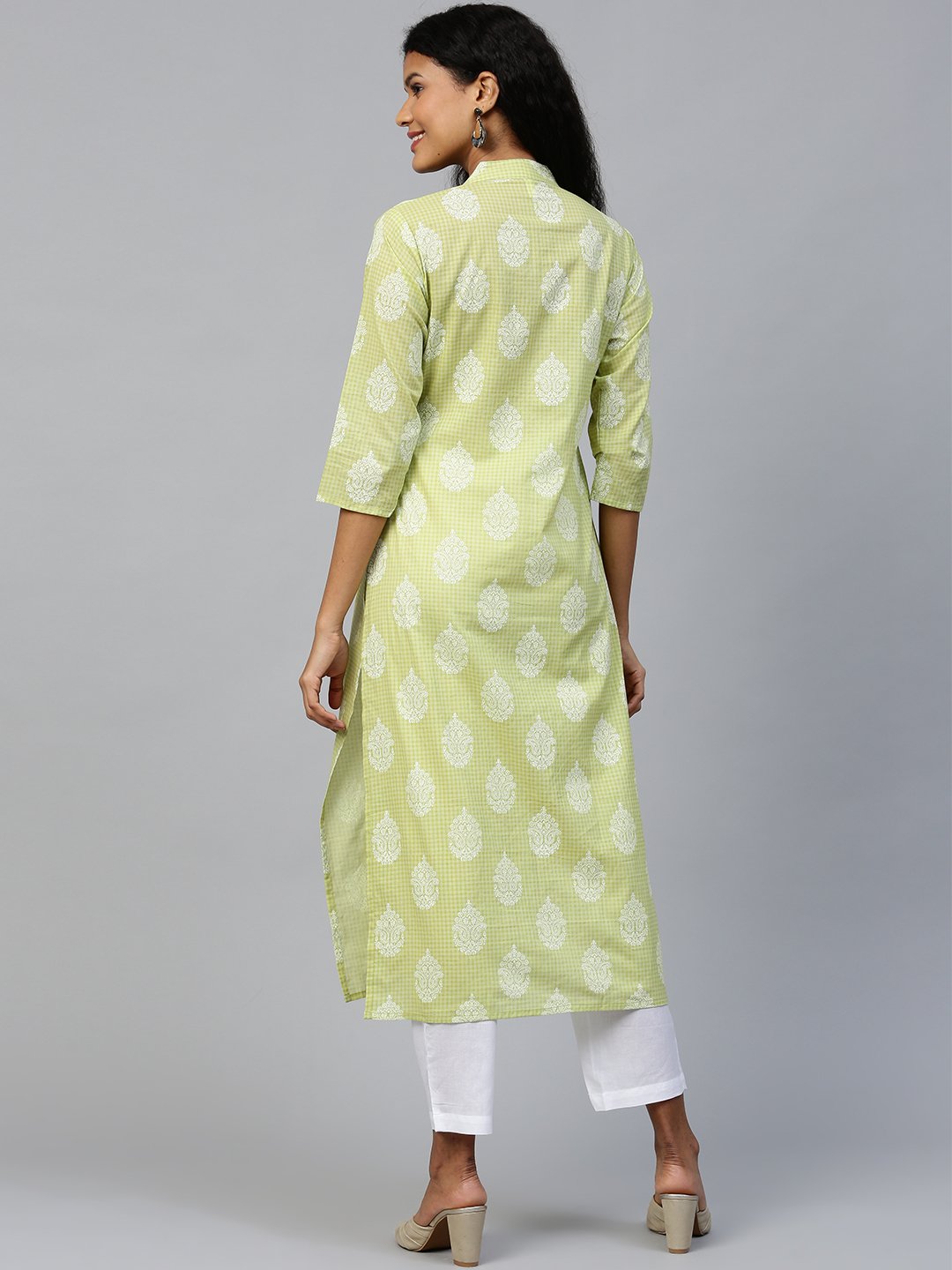Women's White Three-Quarter Sleeves Flared Kurta And Trouser Set