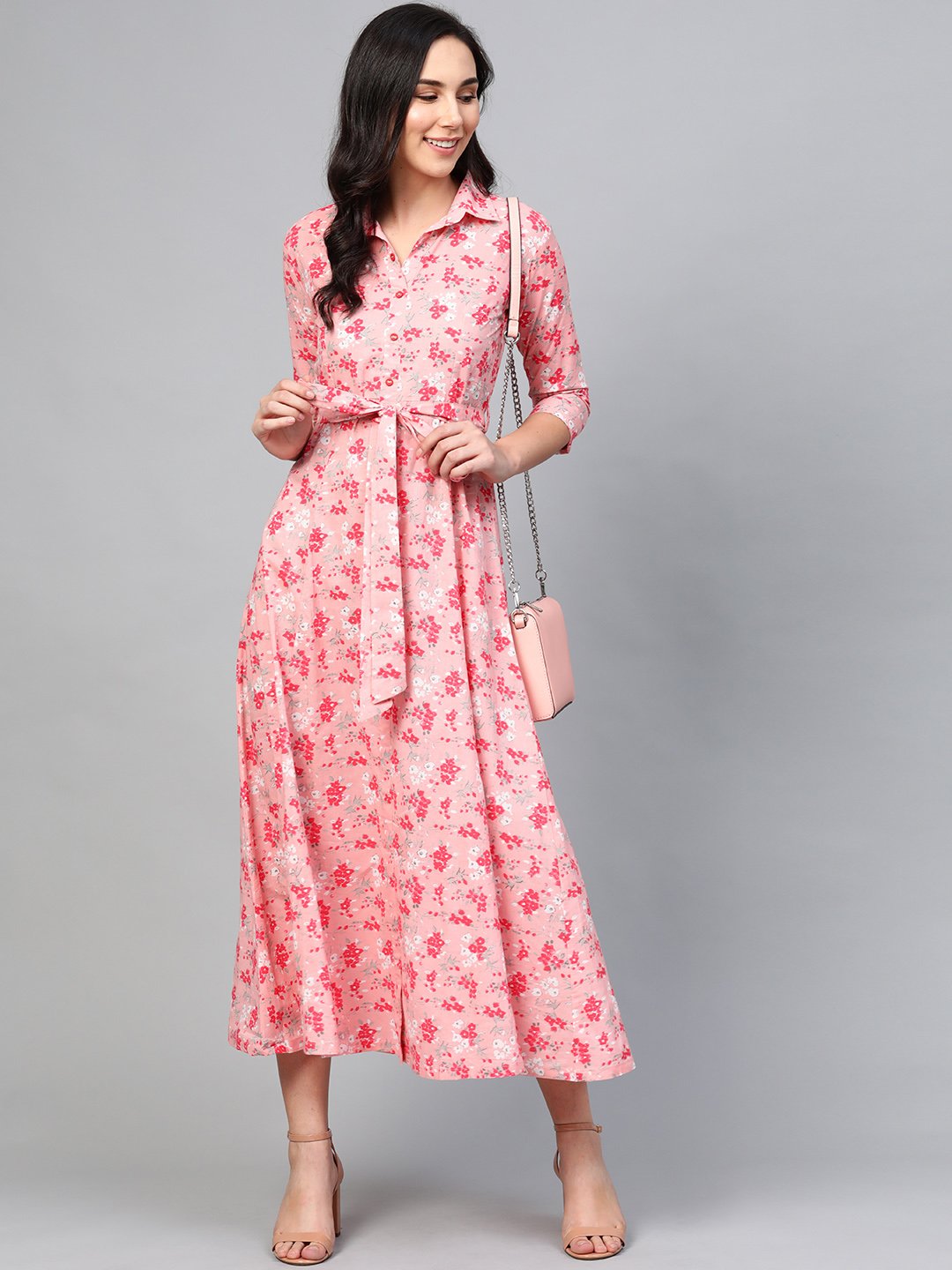 Women's Pink Floral Printed Shirt Collar Cotton A-Line Dress
