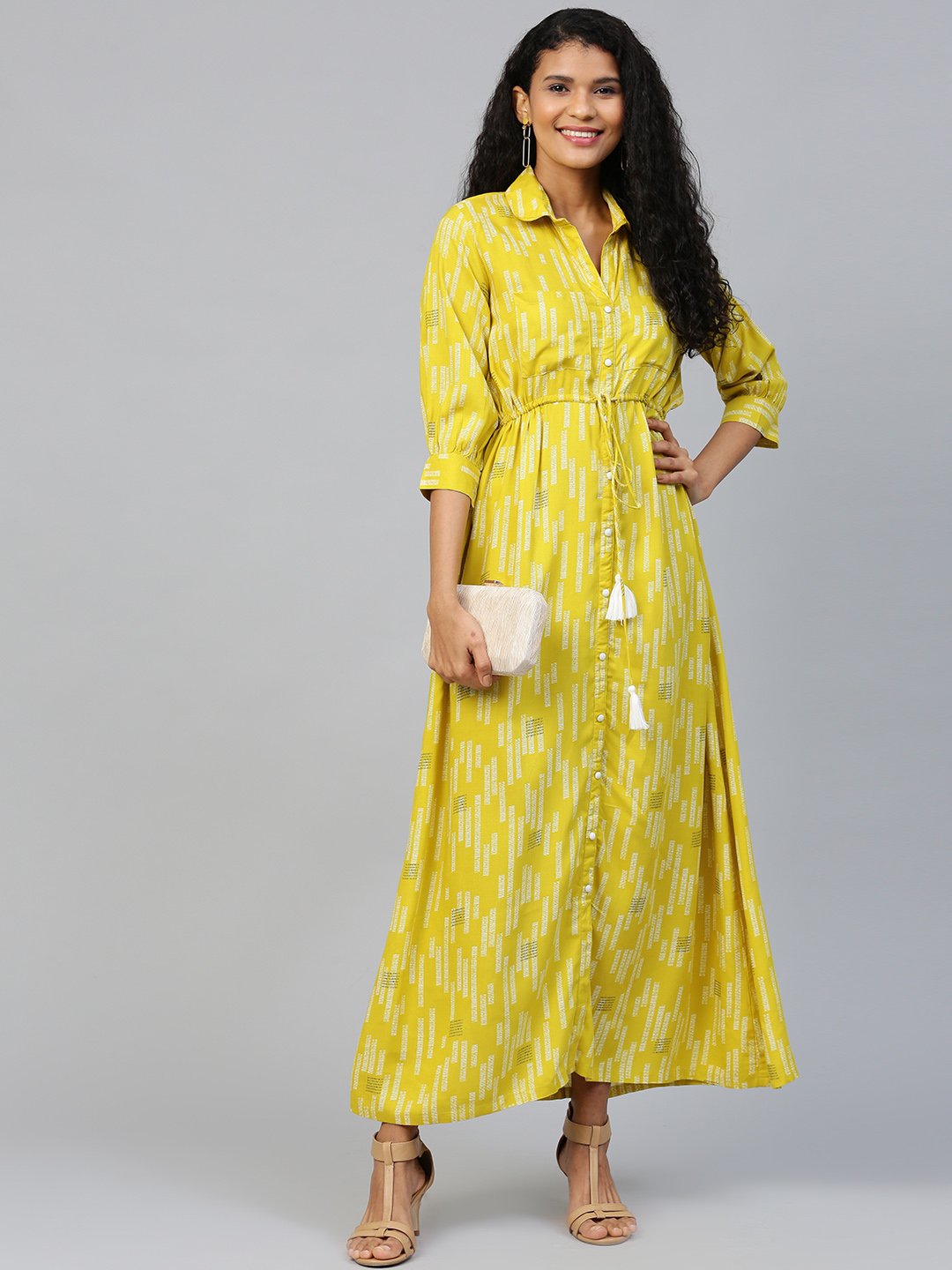 Women's Limegreen Conversational Printed Shirt Collar Viscose Rayon A-Line Dress