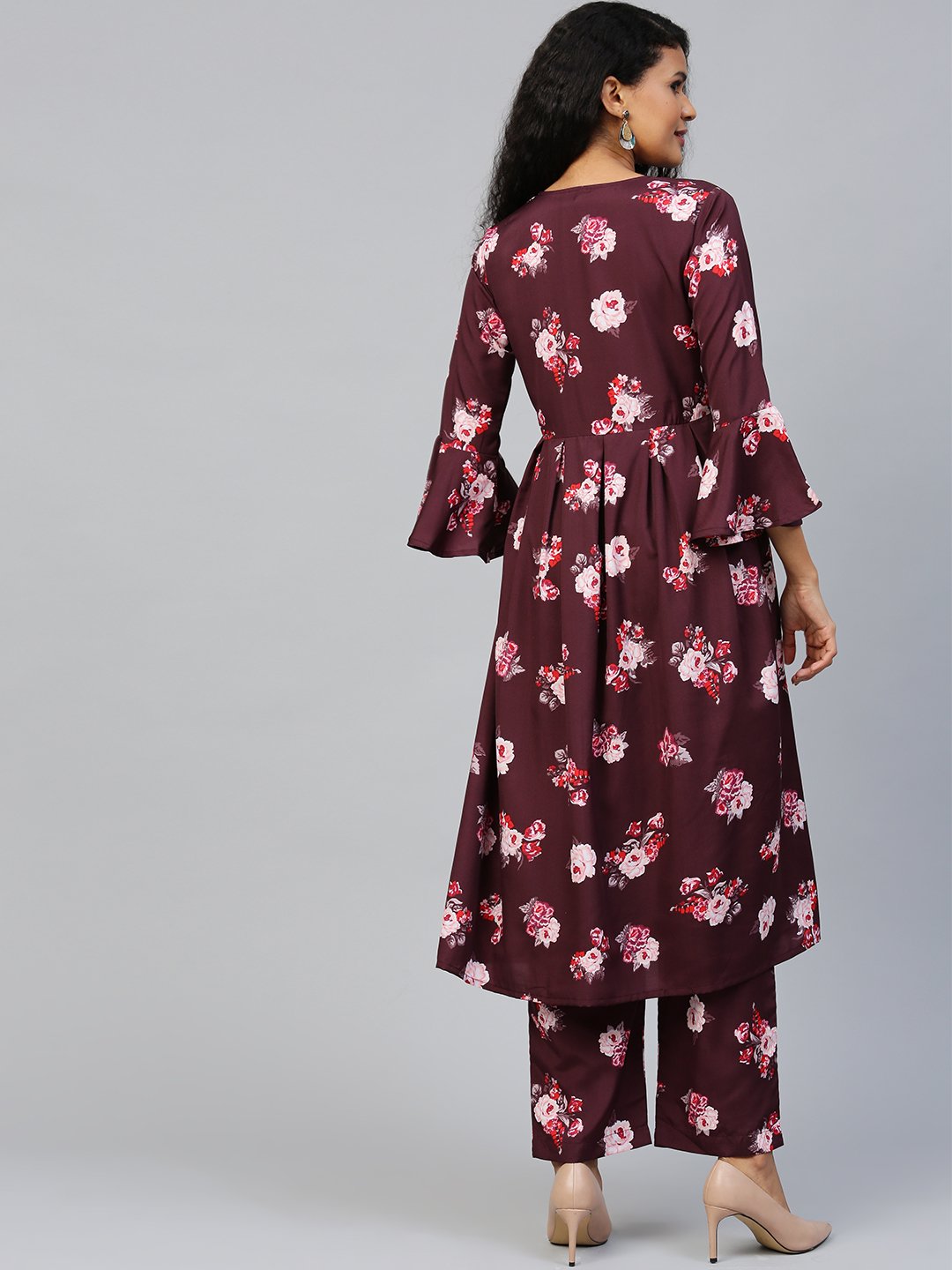 Women's Burgundy Three-Quarter Sleeves Flared Kurta Palazzo Set