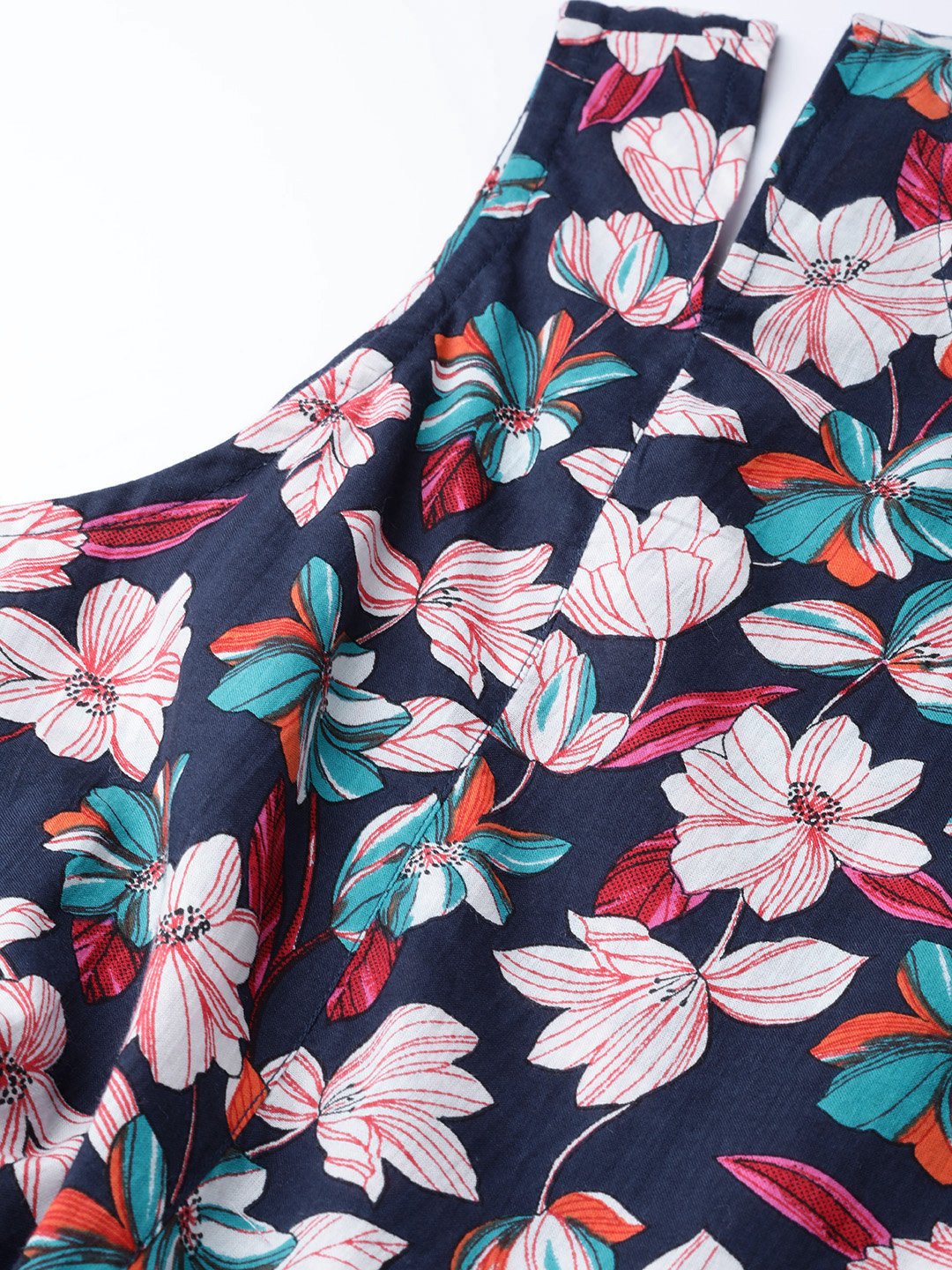 Women's Black Floral Printed Round Neck Cotton A-Line Dress