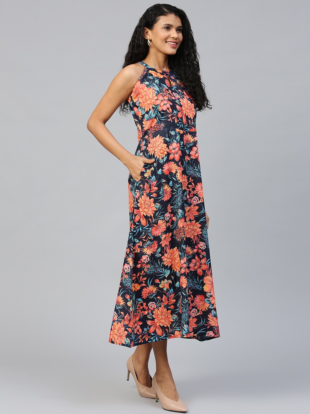 Women's Black Floral Printed Halter Neck Cotton A-Line Dress