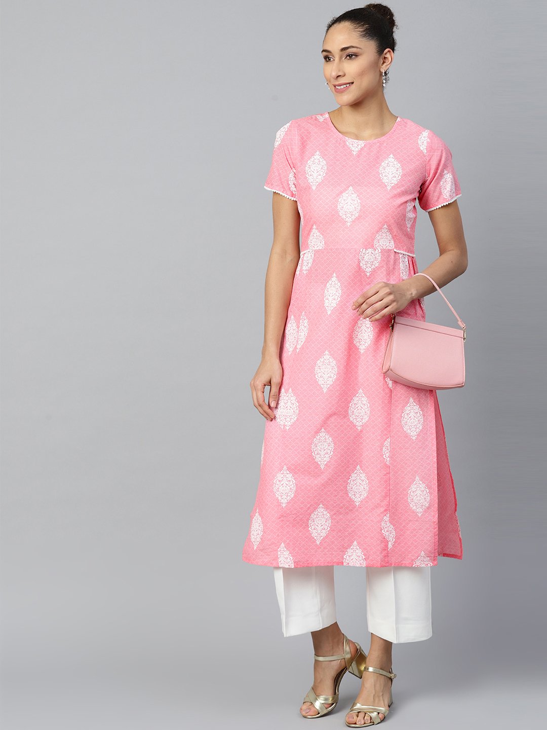 Women's Pink Calf Length Short Sleeves A-Line Ethnic Motifs Printed Cotton Kurta
