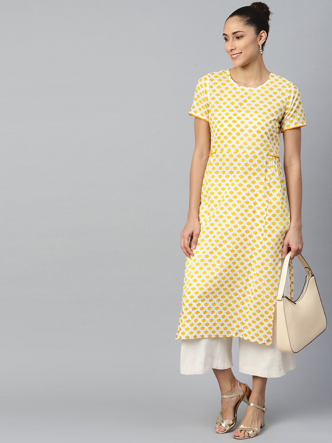 Women's Yellow Calf Length Short Sleeves A-Line Ethnic Motifs Printed Cotton Kurta